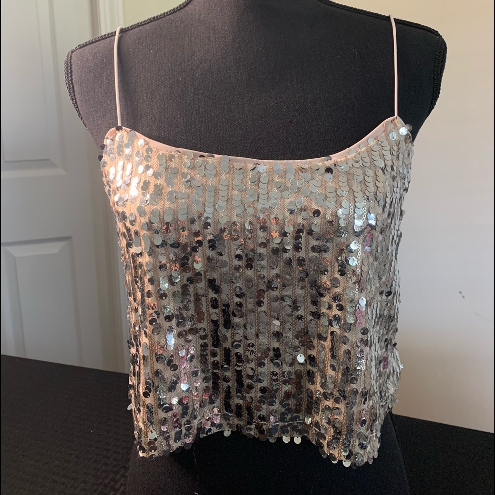 Sequin crop tank silver with nude lining